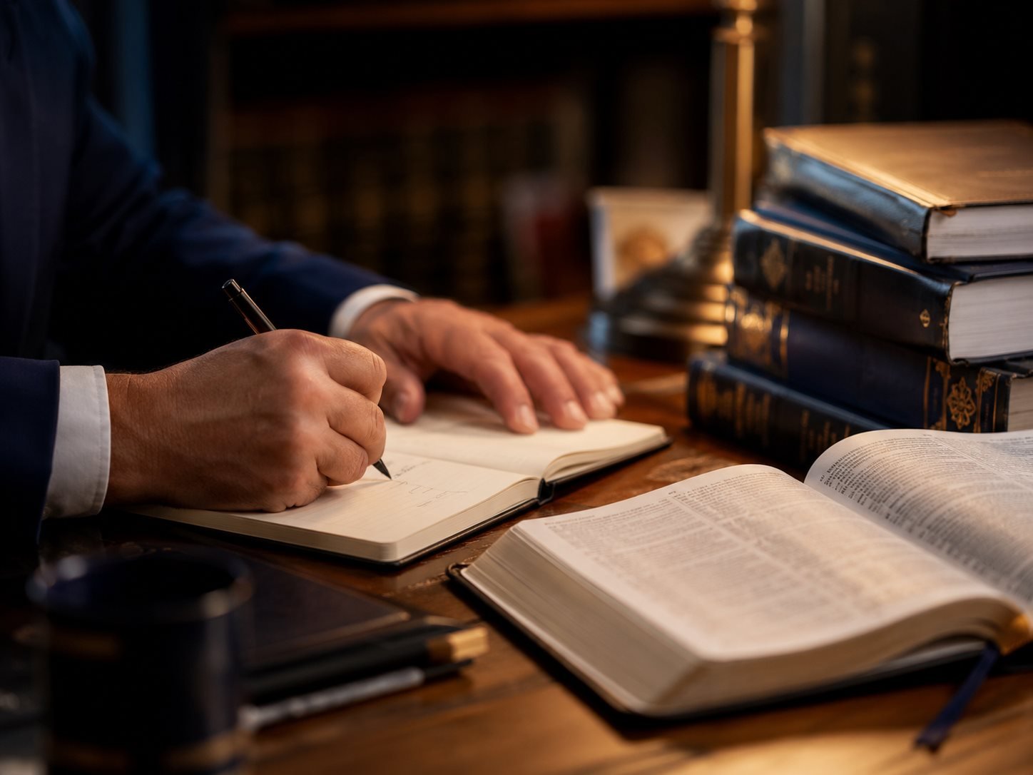 Pastor escribiendo notas junto a la Biblia y libros de estudio