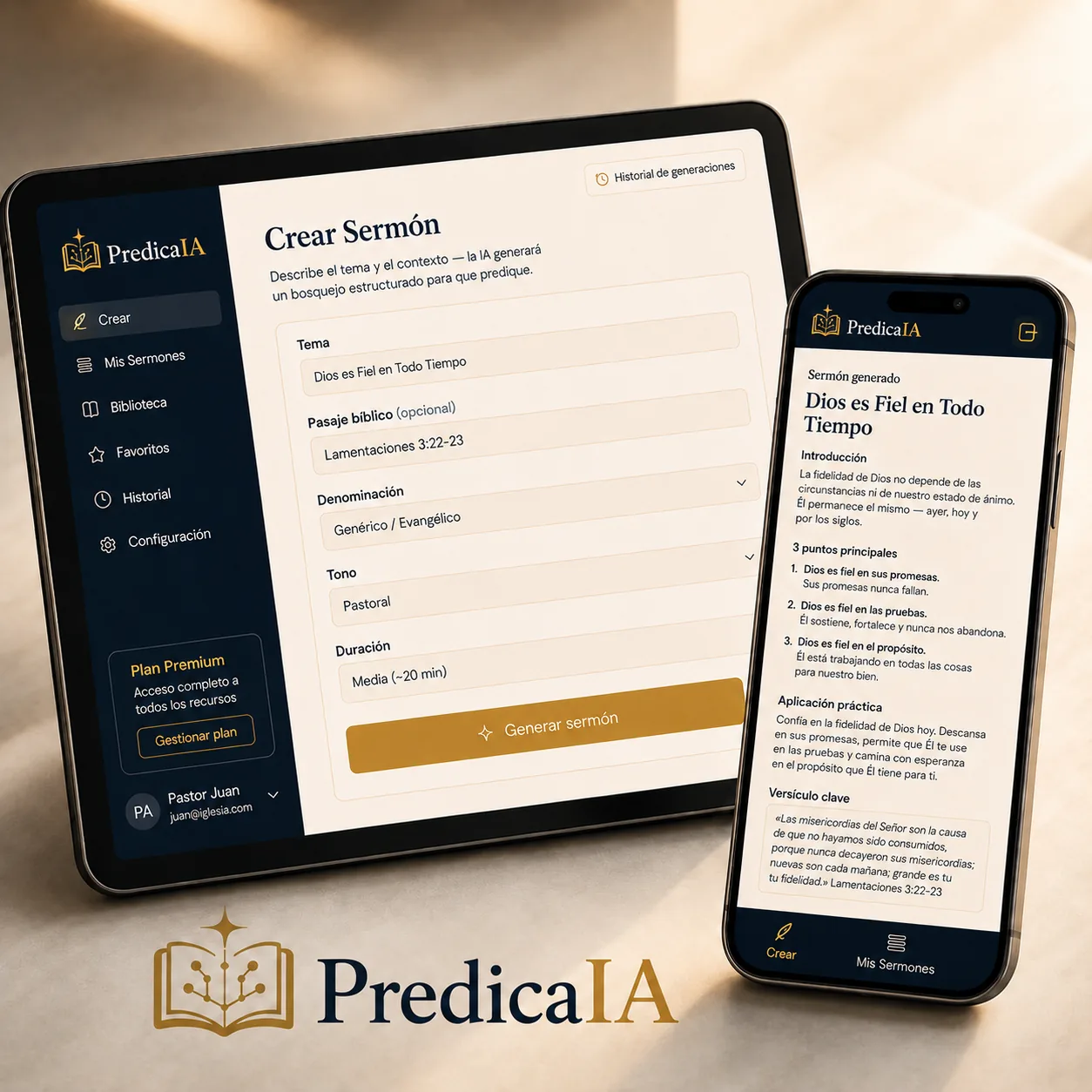 PredicaIA en una tableta y un celular: la pantalla Crear Sermón y un borrador de sermón con introducción, puntos y aplicación
